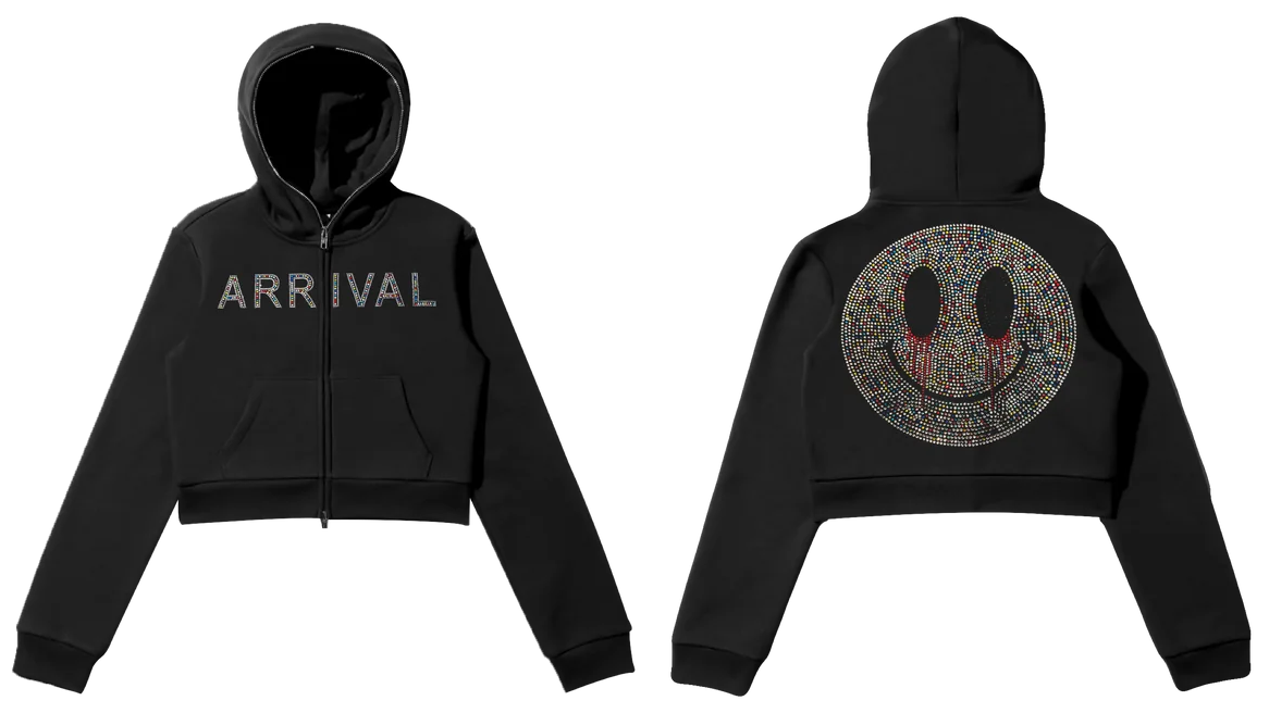 Arrival Worldwide Cropped Full Zip Rhinestone Smiley Black