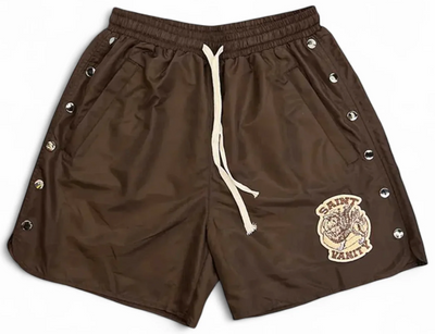 Saint Vanity Nylon Button Zip Up Tee & Shorts Set Brown (Detachable Hood)