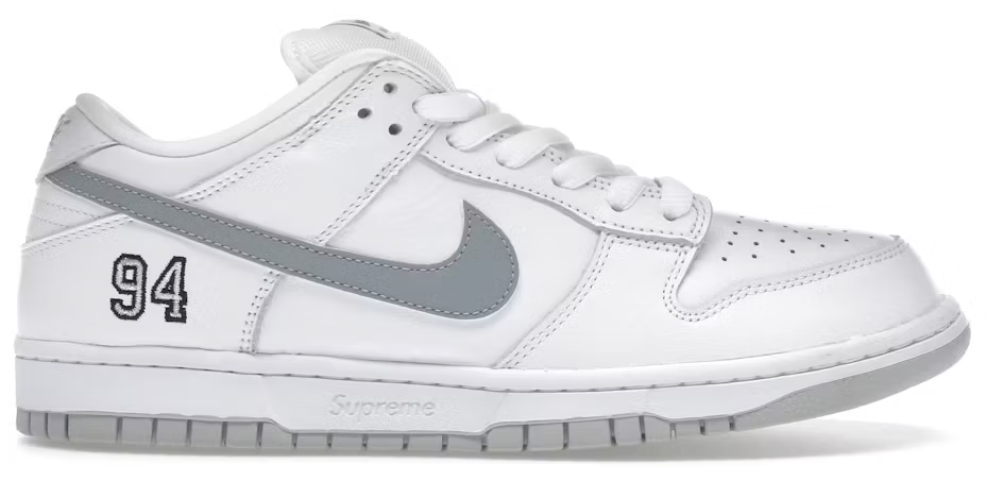 Nike SB Dunk Low Supreme 94 White Metallic Silver