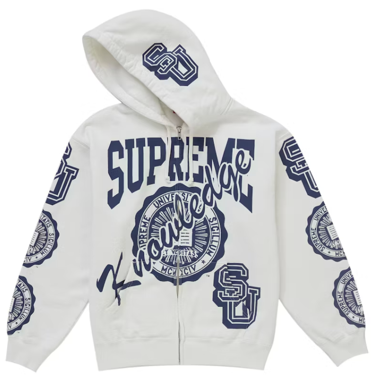Supreme Knowledge Reigns Zip Up Hooded Sweatshirt White
